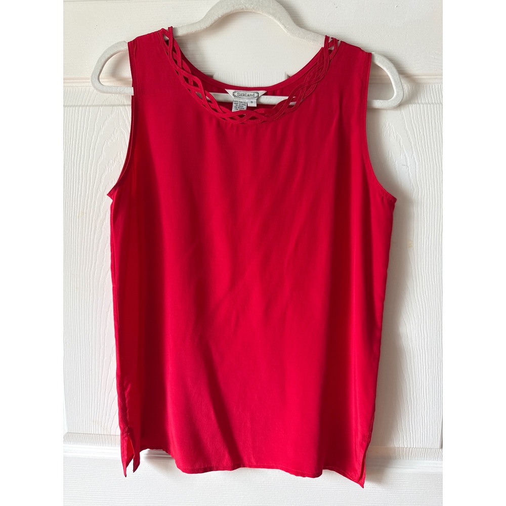SilkLand Tank Top Red Silk Lattice Neckline Sz Small Minimalist Office Holiday